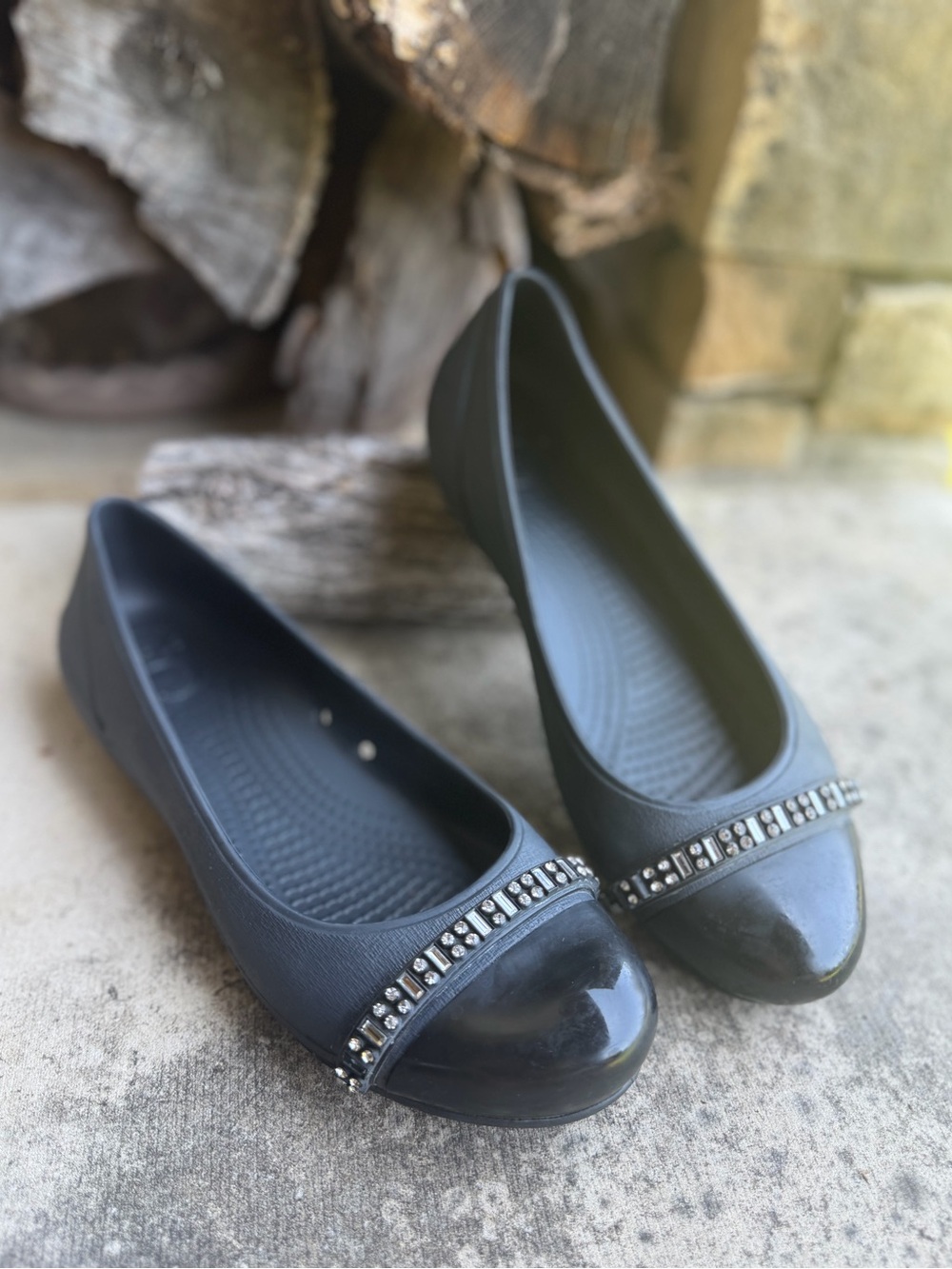 CROCS Black Toe Diamante Rhinestone Trim Women's Ballet Flats Sz-7. H